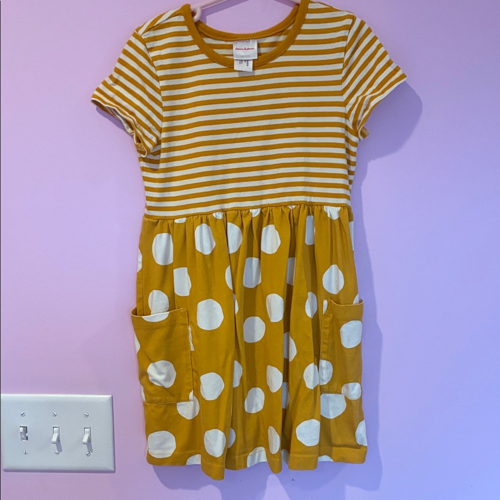 Hannah Andersson Mustard Yellow Striped & Polka Dot Pocket Dress